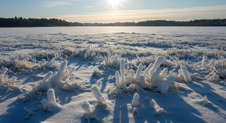 Obraz premium Frozen Grassland Under Winter Sunlight: A Landscape of Ice Formations and Shadows