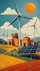 Windmill farm solar energy . Oil paint illustration.