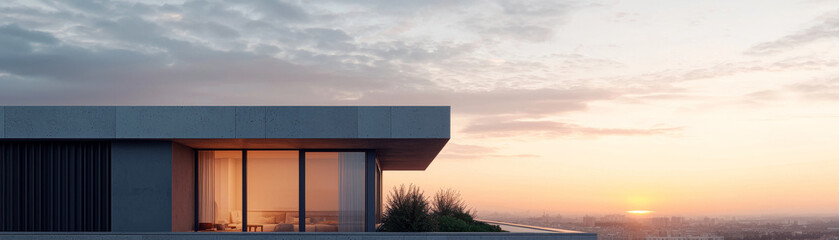 Fototapeta premium Modern architectural design showcases sleek building with large windows, offering stunning view of sunset over city skyline. serene atmosphere