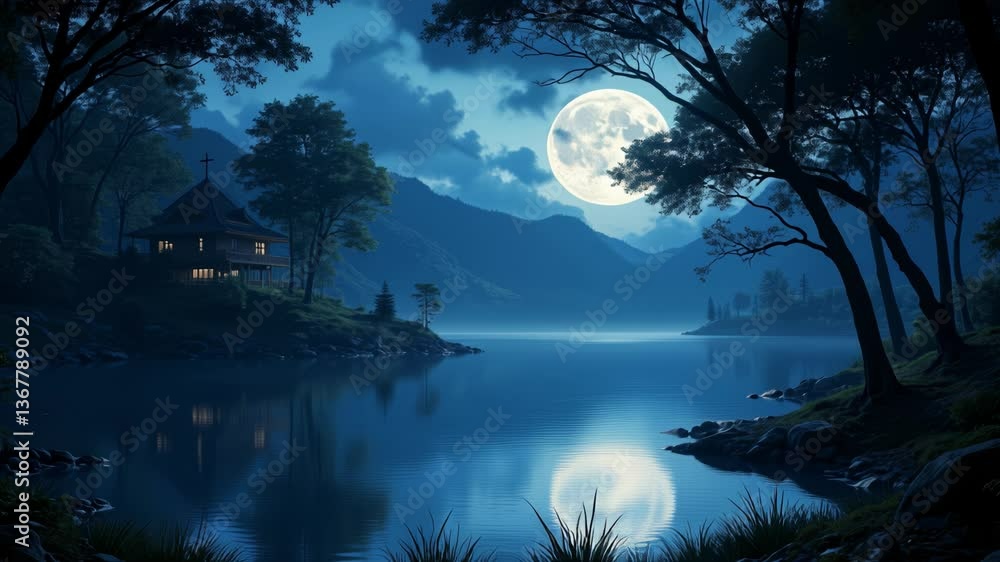 Poster bewitching spell of a moonlit lagoon, where tranquil waters mirror ethereal glow, unveiling a realm 