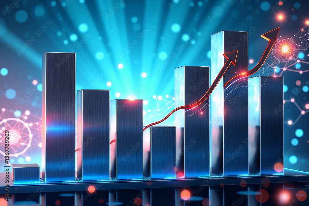 Poster abstract bar chart with a red arrow pointing upwards on a blue digital background. symbolizing busin