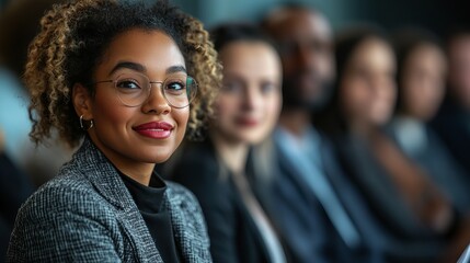 Obraz premium Portrait of confident african american business woman at conference meeting or corporate event seminar
