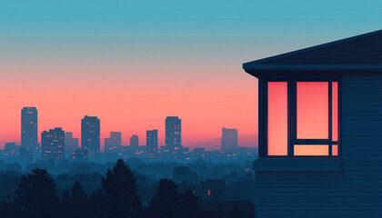 serene urban landscape dusk, featuring silhouette of house against vibrant sunset. city skyline is illuminated with soft lights, creating tranquil