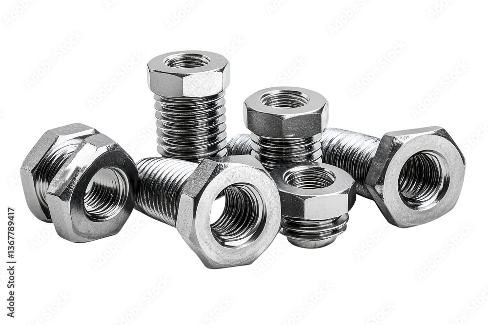 Poster a cluster of gleaming metallic nuts and bolts, meticulously arranged, showcasing their intricate thr