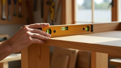 A hand holds a level on a wooden table for woodworking measurement.
