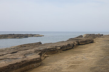 Layered rocks on the coast in Gazipasa, Antalya, Turkey, March 2025, 2