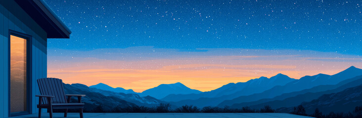 Fototapeta premium serene mountain landscape at dusk, featuring cozy chair on patio, with starry sky and vibrant sunset colors illuminating horizon