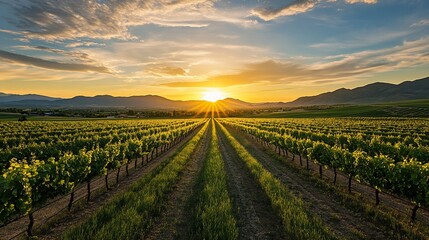 Sunset over Vineyard Rows and Mountain Range