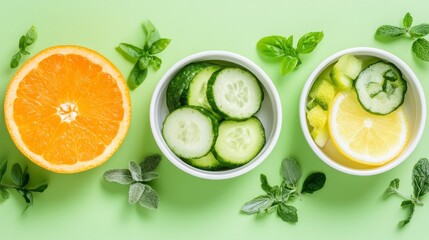 Citrus Fruits, Cucumber Slices, and Herbs on Green Background Health Food and Wellness Concept