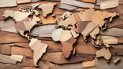 A world map made up of different types of wooden planks forming contours . 