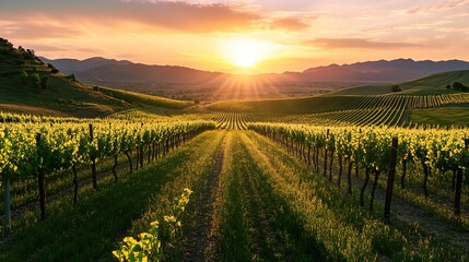 Sunset over Vineyard Rows in Hilly Terrain