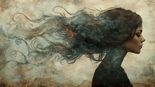 Silhouette of a woman dissolving into a chaotic cloud of colors, depicting inner turmoil during a panic attack