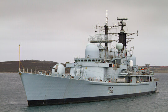 British war ship at anchor in the outer harbor of Stanley on East Island, Falkland Islands
