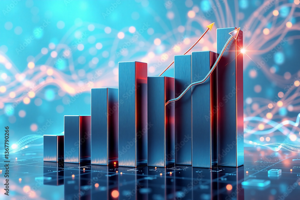 Poster abstract bar graph with an arrow pointing upwards symbolizes increasing growth and positive trend. d