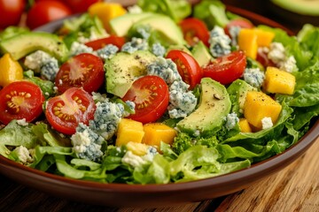On a wooden table, a garden salad is arranged with a medley of colorful ingredients and complemented by ripe avocados