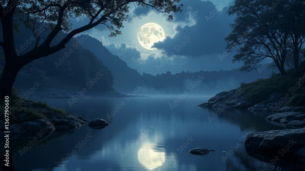 Poster bewitching spell of a moonlit lagoon, where tranquil waters mirror ethereal glow, unveiling a realm 