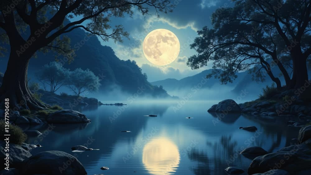 Poster bewitching spell of a moonlit lagoon, where tranquil waters mirror ethereal glow, unveiling a realm 