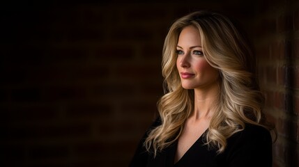 Fototapeta premium A woman with golden-blonde, softly curled hair gazes thoughtfully while warm backlighting enhances her features and adds a timeless touch to the setting