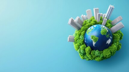 Naklejka premium A vibrant illustration of Earth surrounded by lush greenery and modern skyscrapers, symbolizing the balance between nature and urban development, Green Technology.