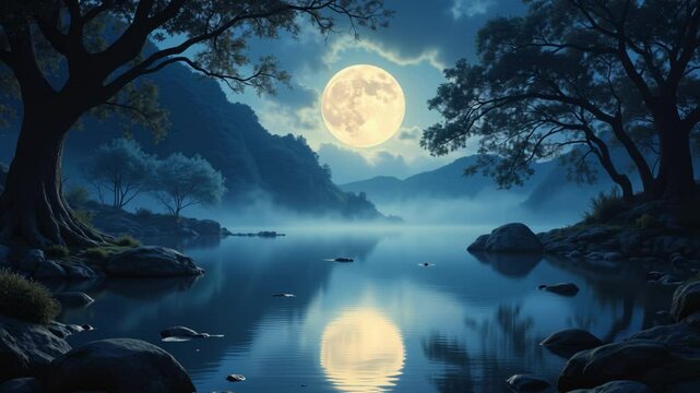 Bewitching spell of a moonlit lagoon, where tranquil waters mirror ethereal glow, unveiling a realm veiled in enigmatic darkness and captivating enchantment
