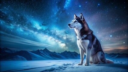 Naklejka premium Majestic Siberian Husky Silhouetted Against Night Sky, Starry Night, Winter Landscape