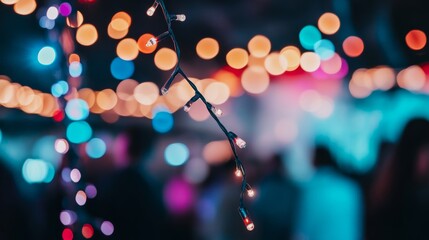 Colorful string lights illuminate a lively gathering in a festive environment during the evening