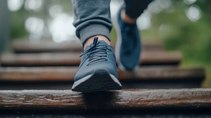 Person wearing athletic shoes walking up wooden stairs in a forested area during daytime