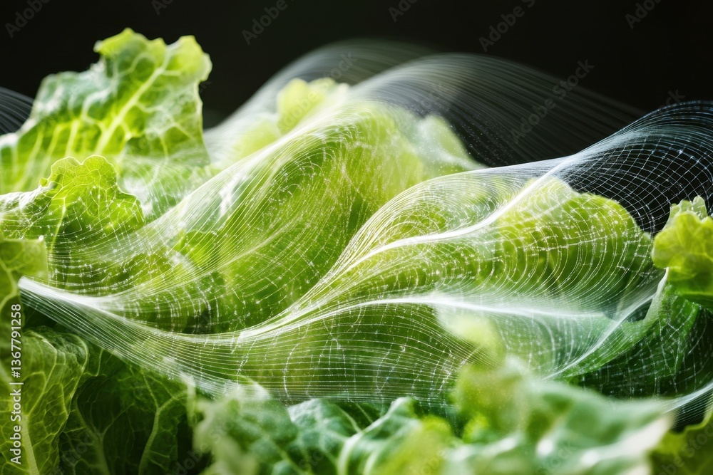 Poster fresh green lettuce leaves with flowing abstract light patterns in dark background