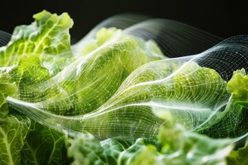 Fresh green lettuce leaves with flowing abstract light patterns in dark background