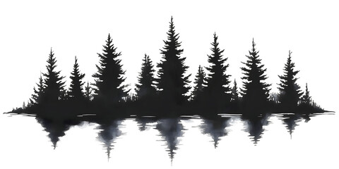 Obraz premium Silhouette of Majestic Pine Trees Reflected in a Serene Lake