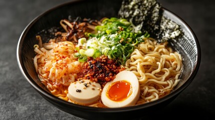 Delicious Ramen Bowl with Egg, Noodles and Fresh Vegetables Close Up