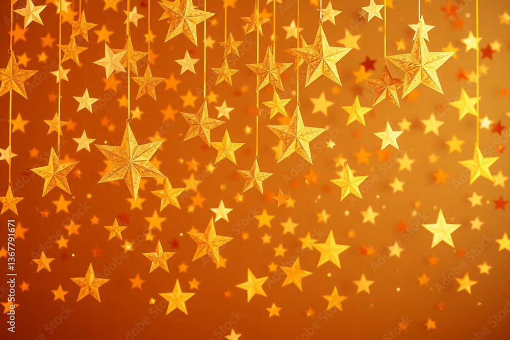 Poster shiny golden stars of various sizes dangle on strings creating a warm festive backdrop with a bokeh 