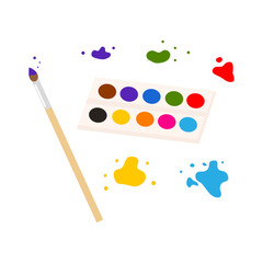 Art supplies, tools. Watercolor palette. Paint palette and brush. Vector illustration.