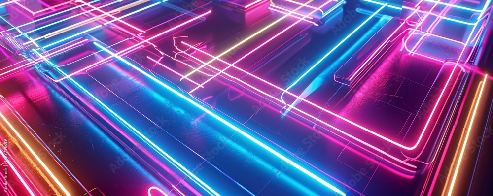 Poster 3d illustration of a colorful luminous geometric shape reflecting on the floor