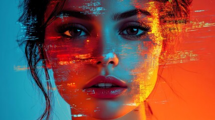 Cyberpunk woman portrait digital art glitch effect neon lights futuristic aesthetic female face technology