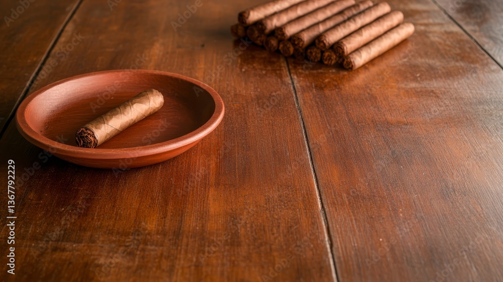 Poster a vintage ashtray rests next to a stack of rolled cigars on a polished mahogany table, softly lit to