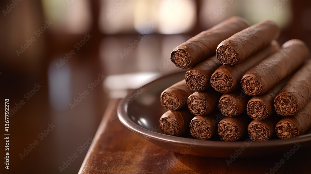 Poster a vintage ashtray rests next to a neatly arranged stack of rolled cigars on a polished mahogany tabl
