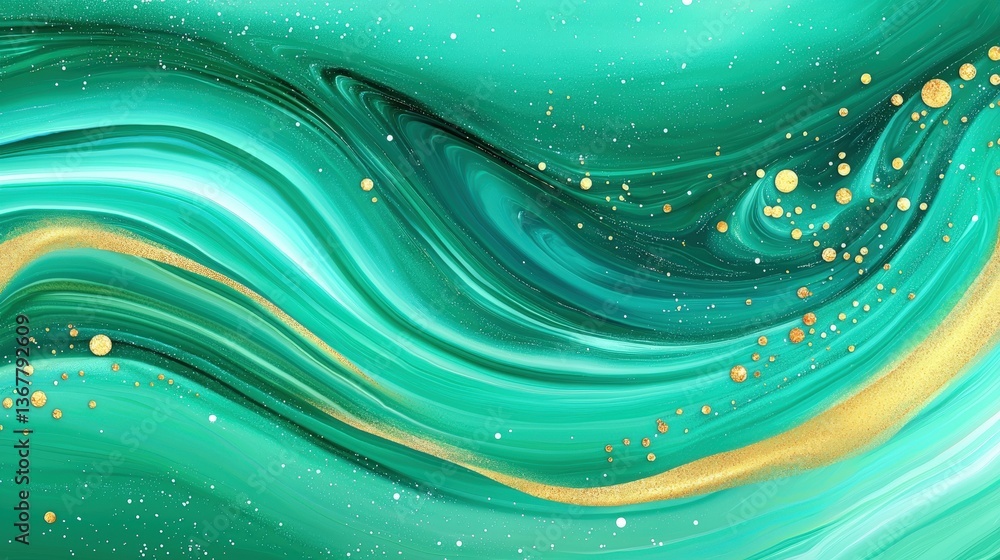 Poster a vibrant abstract design featuring flowing teal waves with golden accents and shimmering particles 