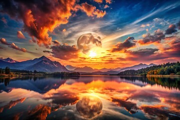 Majestic Sun and Moon Alignment: Serene Landscape Photography