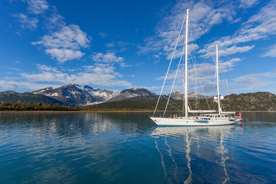 View of private yacht Timoneer in Southeast Alaska