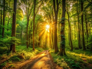 Fototapeta premium Majestic Sunlight Filtering Through Ancient Forest Canopy - Serene Nature Landscape