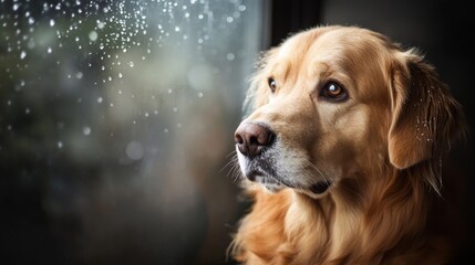 Golden Retriever by the Window on a Rainy Day