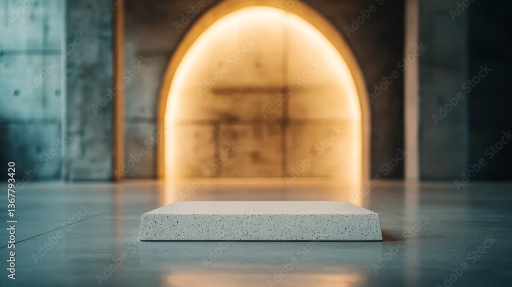 Poster circular white terrazzo podium stands in a bright and airy minimalist space, illuminated by natural 