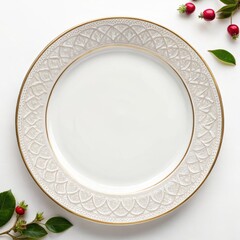 Elegant white decorative plate with intricate design and empty space for text