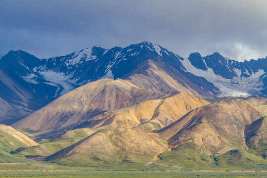 View of the Polychrome Mountains from lookout point on the park road inside Denali National Park and Preserve, Alaska