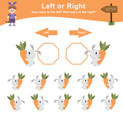 Left or Right Game for children. Printable educational worksheet activity. Counting and write how many are left and right. Exercise for children to recognize the number. 