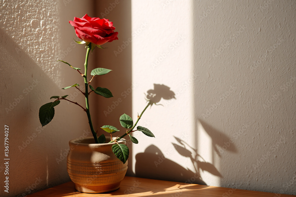 Poster a single red rose in a simple pot is illuminated by bright sunlight in a room corner, creating a str