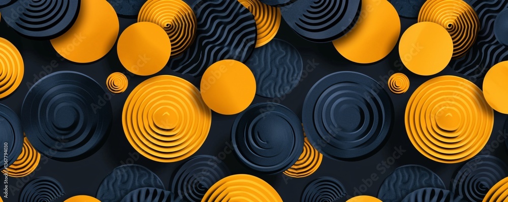 Poster Dynamic abstract background with intertwining yellow and black concentric circles on a dark surface, creating a visually stunning design