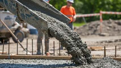 Pouring wet concrete from a truck chute into a foundation form. © M
