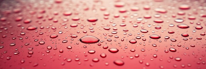 Water Drops, Red Metallic Surface, Hydrophobic Effect, Car Paint, Close-up, Abstract background